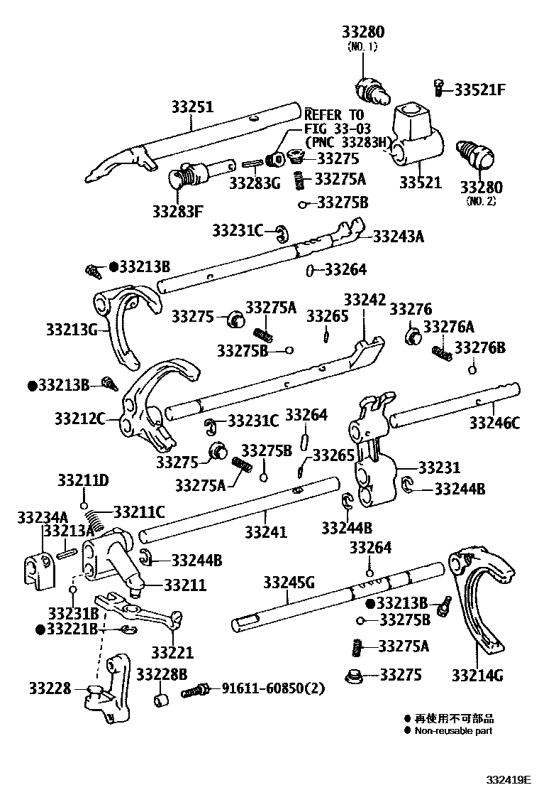 Toyota HILUX 换档拨叉和换档杆轴(MTM) EPC diagram — 332419E