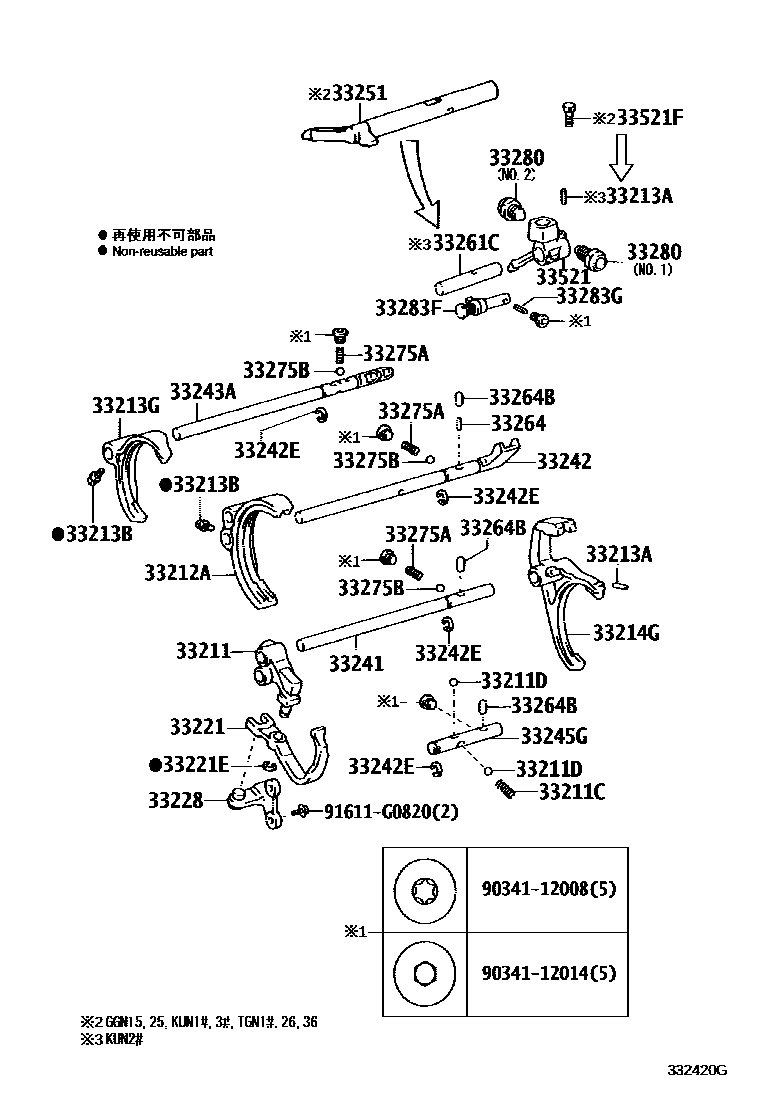 Toyota HILUX 换档拨叉和换档杆轴(MTM) EPC diagram — 332420G