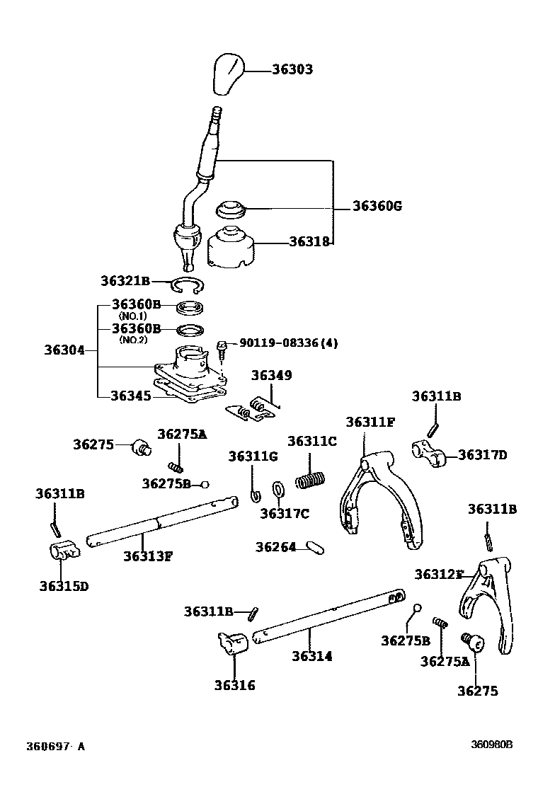Toyota HILUX Transfer Lever & Shift Fork Shaft EPC diagram — 360980B