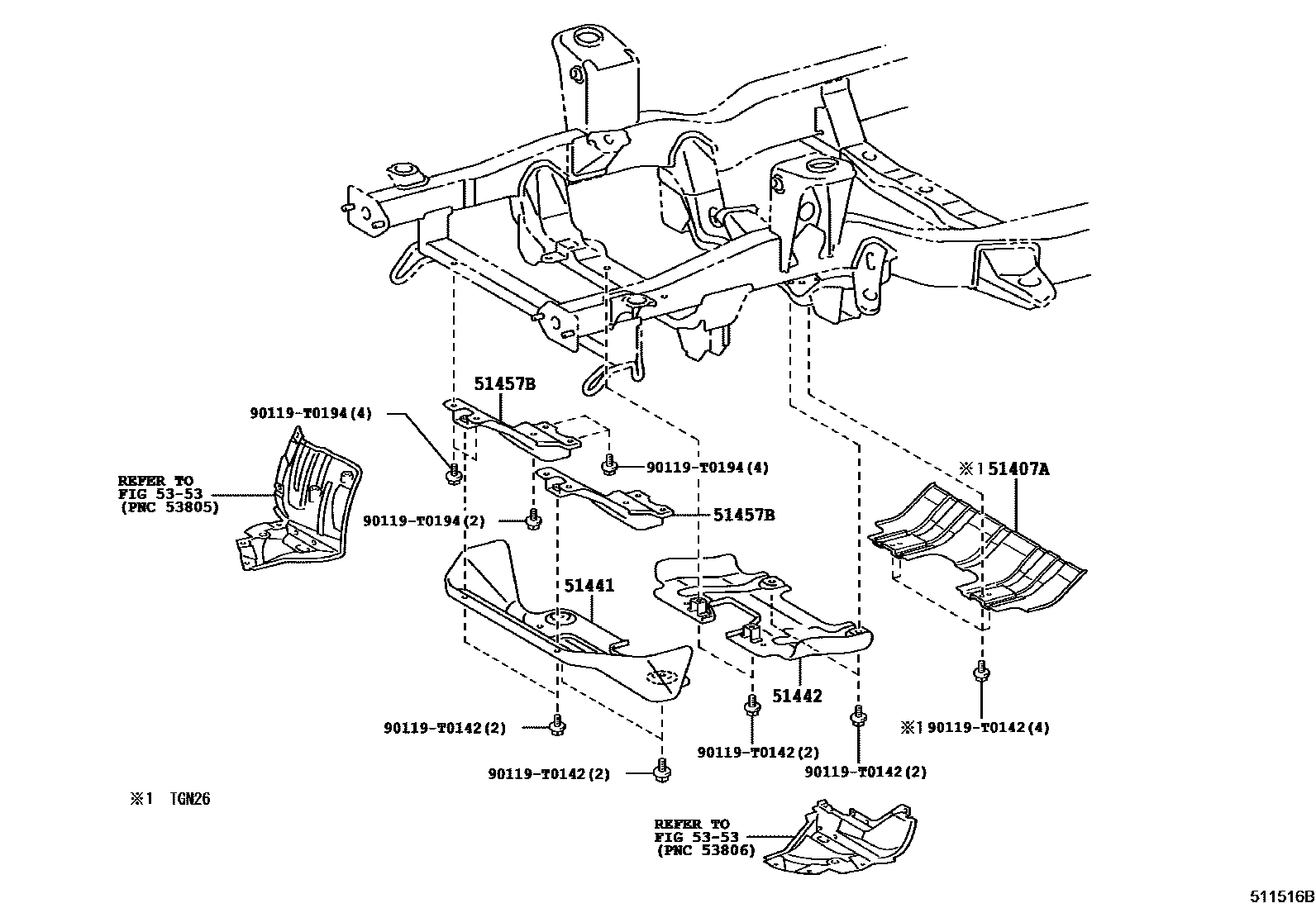 Toyota HILUX 悬架横梁和发动机底罩 EPC diagram — 511516B