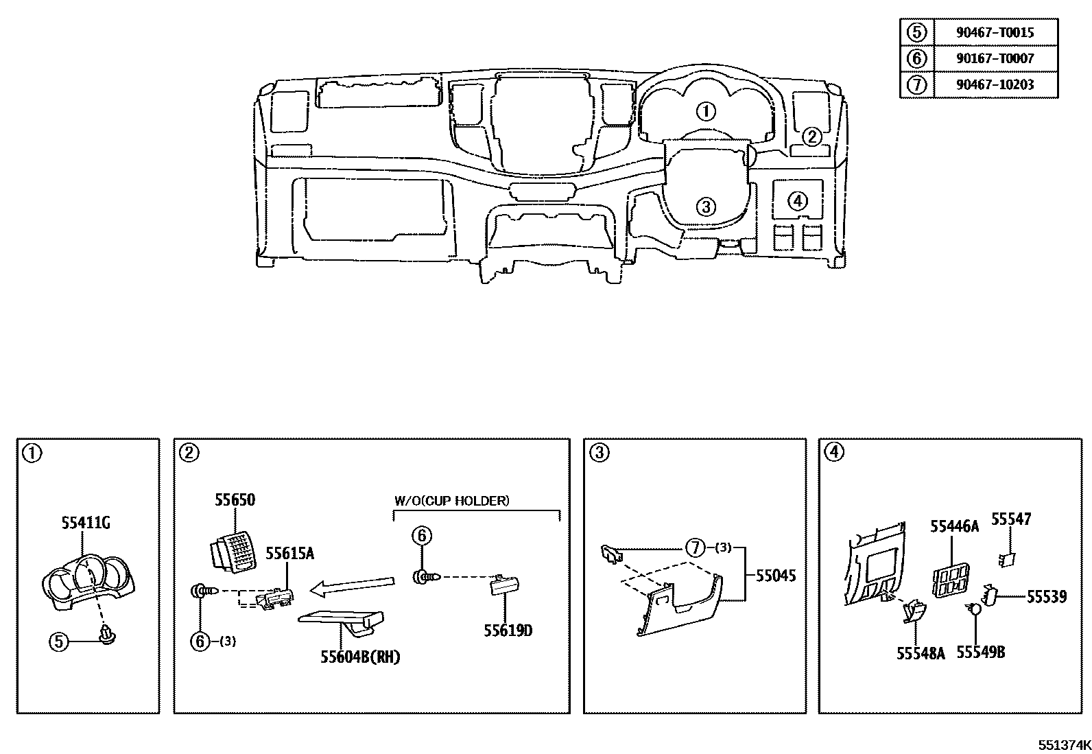 Toyota HILUX 仪表板和手套箱 EPC diagram — 551374K