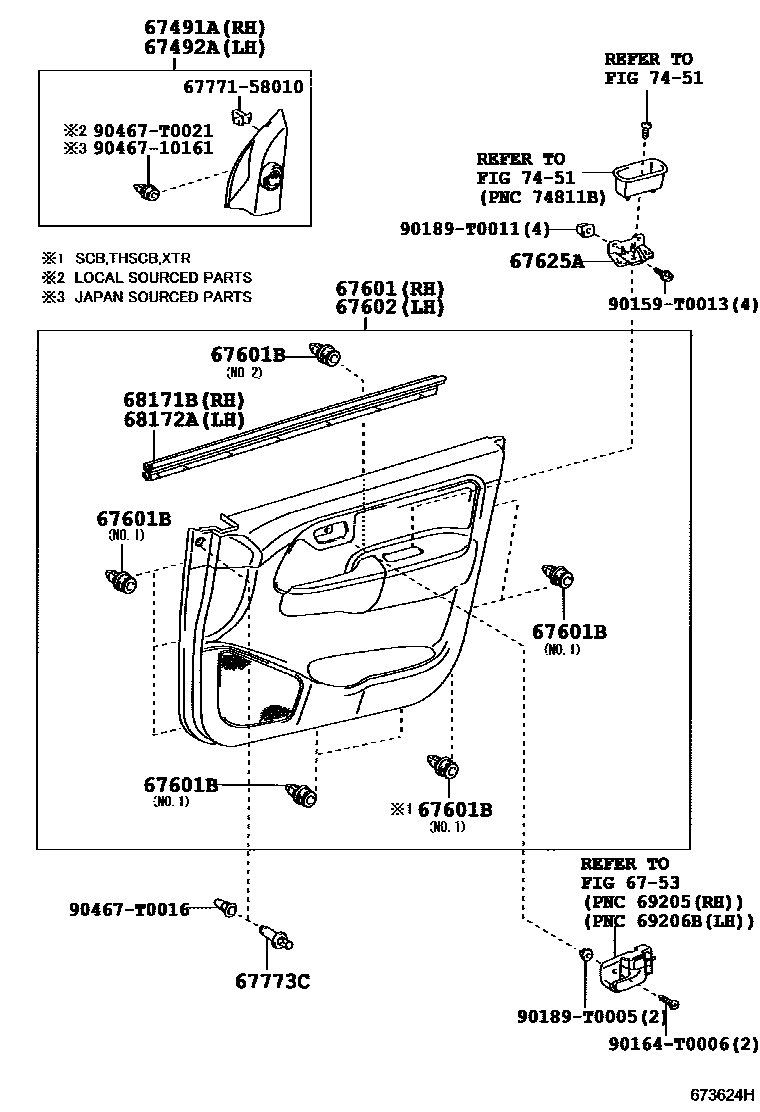 Toyota HILUX 前门板和前门玻璃 EPC diagram — 673624H