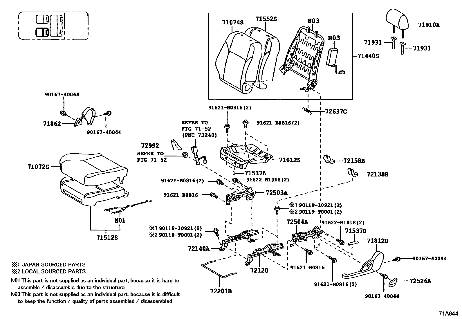 Toyota HILUX 座椅和座椅滑轨 EPC diagram — 71A644