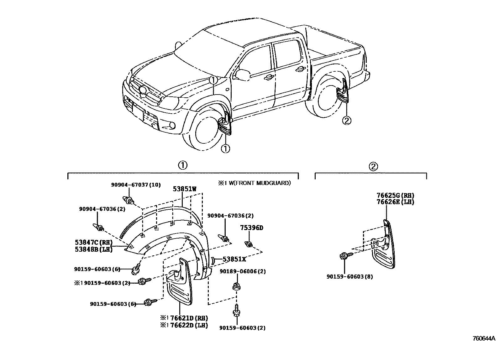 Toyota HILUX 扰流板和侧挡泥板 EPC diagram — 760644A