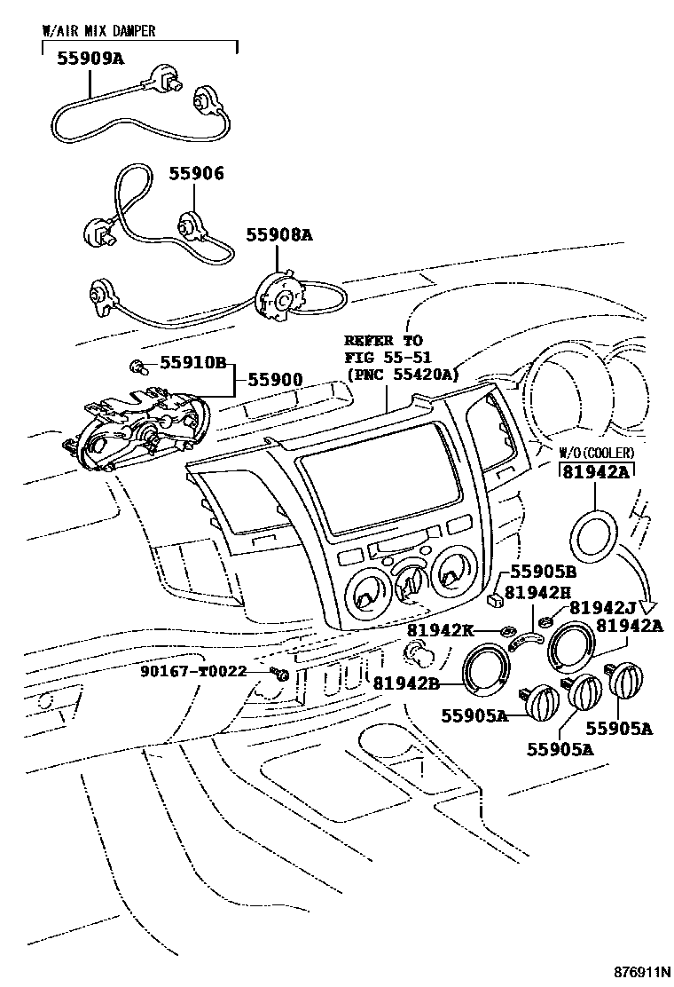 Toyota HILUX 暖风和空调系统 - 控制器和风管 EPC diagram — 876911N