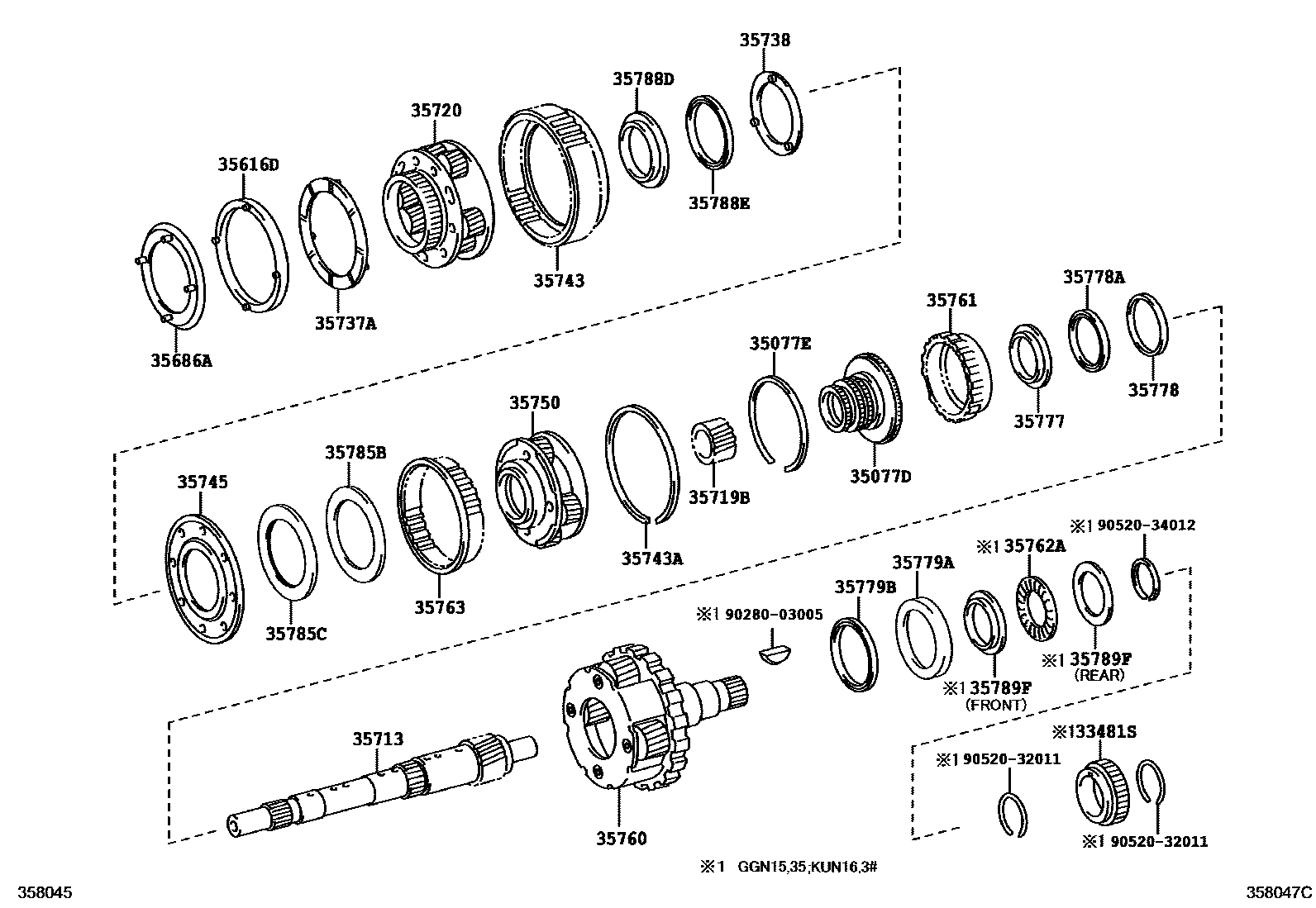 Toyota HILUX 行星齿轮、倒档活塞和中间轴齿轮(ATM) EPC diagram — 358047C