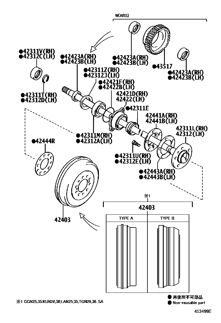 Toyota HILUX 后桥半轴和后桥轮毂 EPC diagram — 413499E
