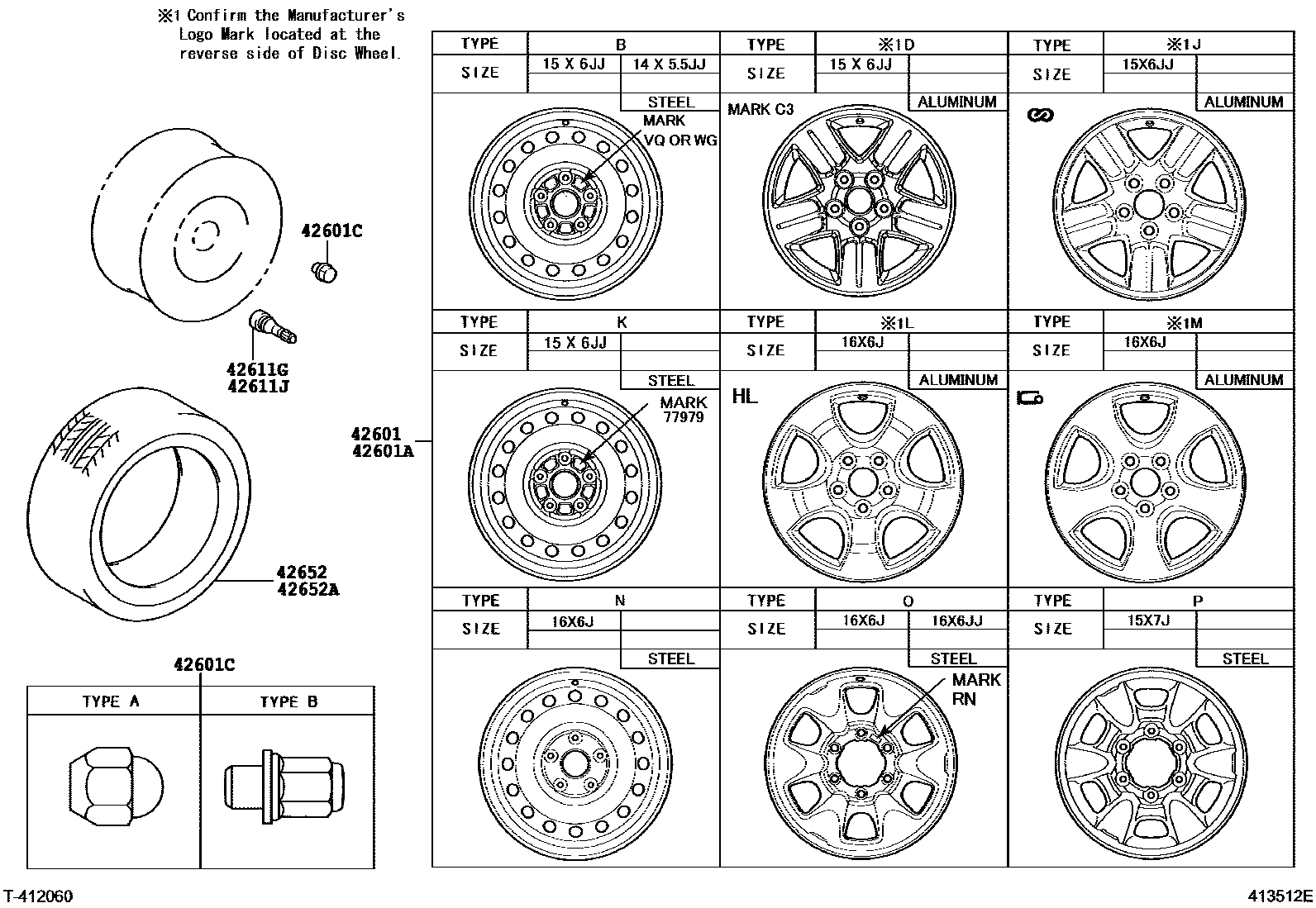 Toyota HILUX 车轮和车轮盖 EPC diagram — 413512E