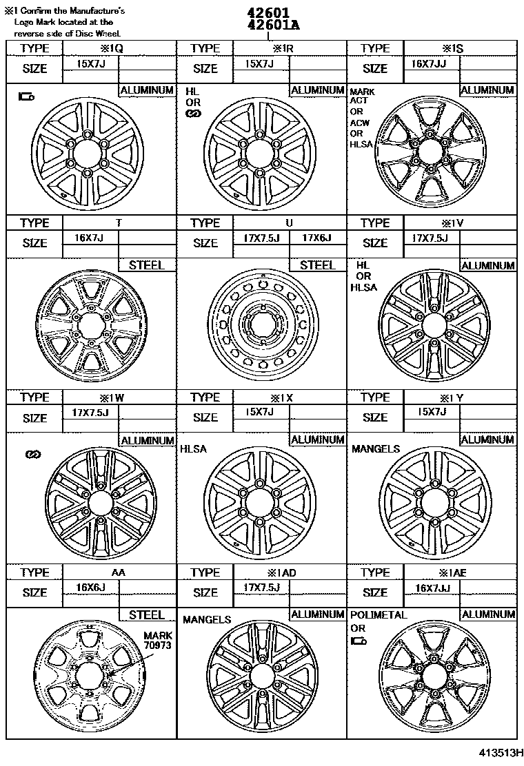Toyota HILUX 车轮和车轮盖 EPC diagram — 413513H