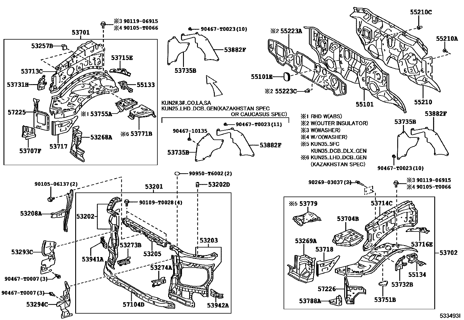 Toyota HILUX 前翼子板挡泥板和前围板 EPC diagram — 533493I