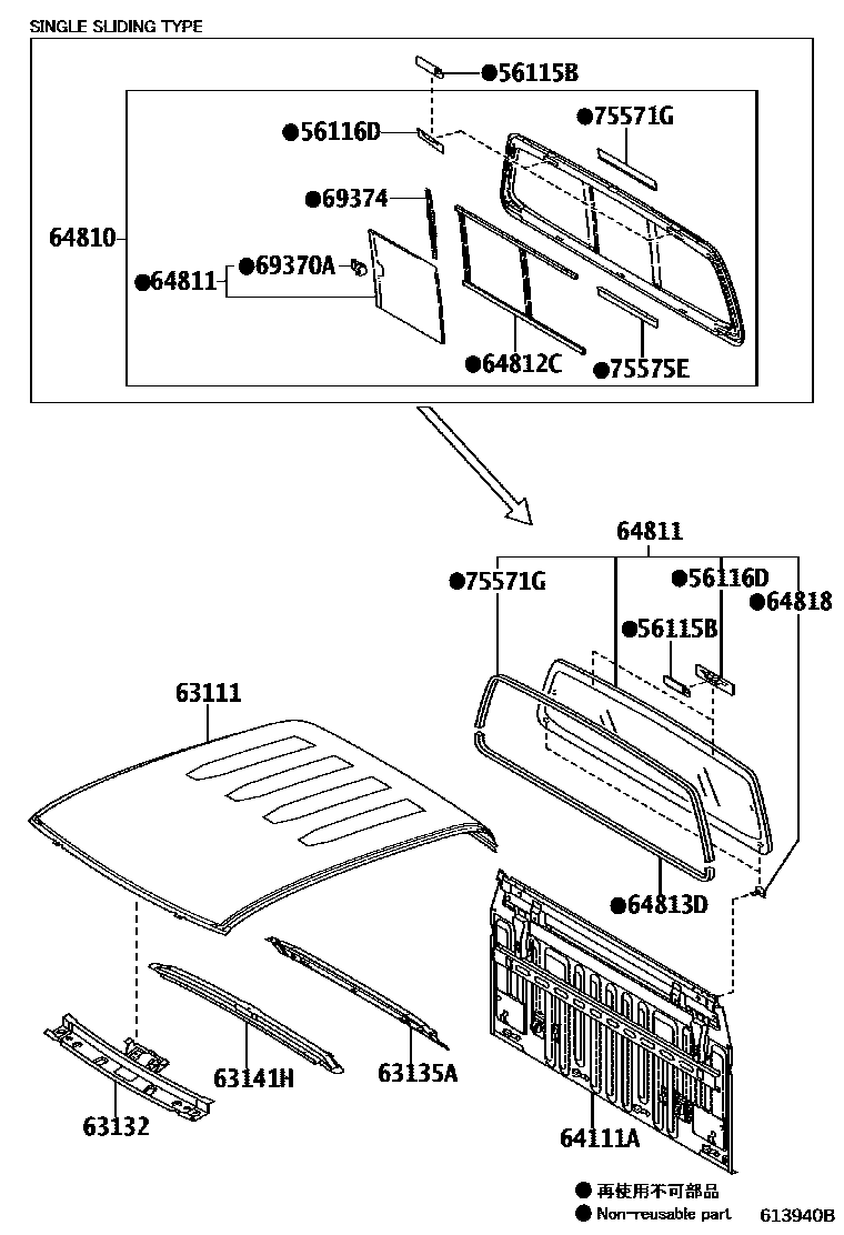 Toyota HILUX 天窗板和背板 EPC diagram — 613940B