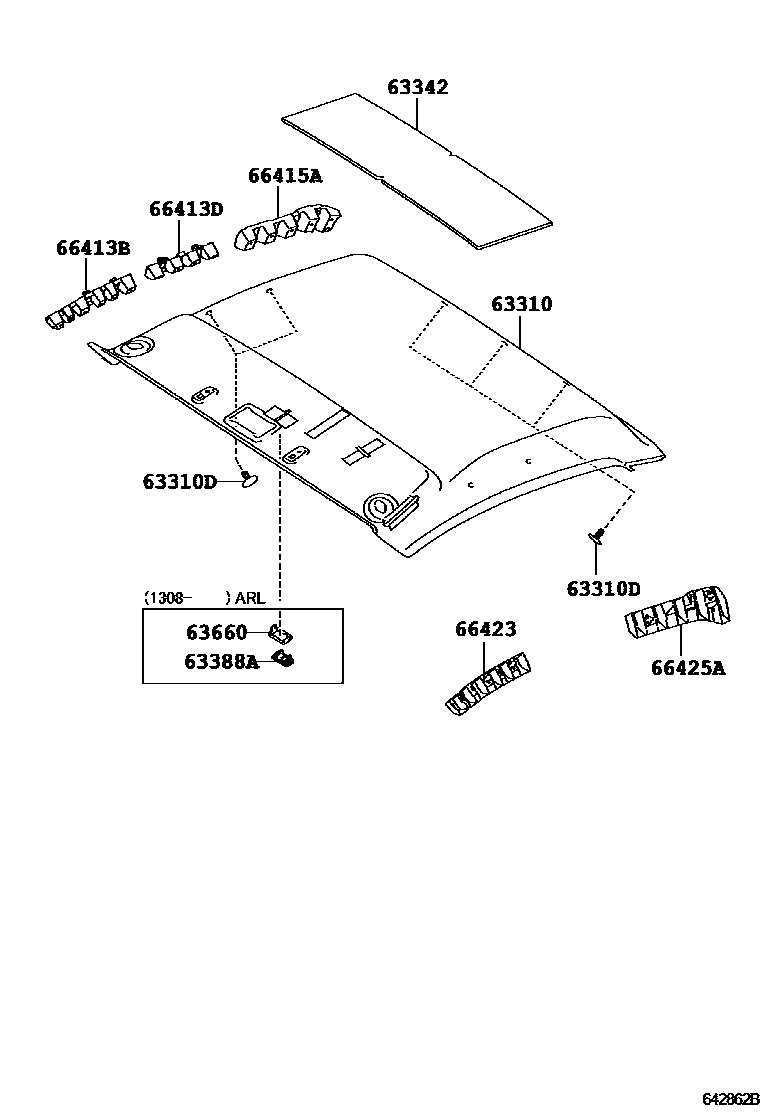 Toyota HILUX 车顶内衬和消声垫 EPC diagram — 642862B