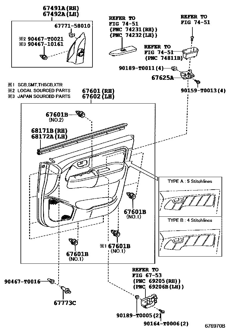 Toyota HILUX 前门板和前门玻璃 EPC diagram — 676970B