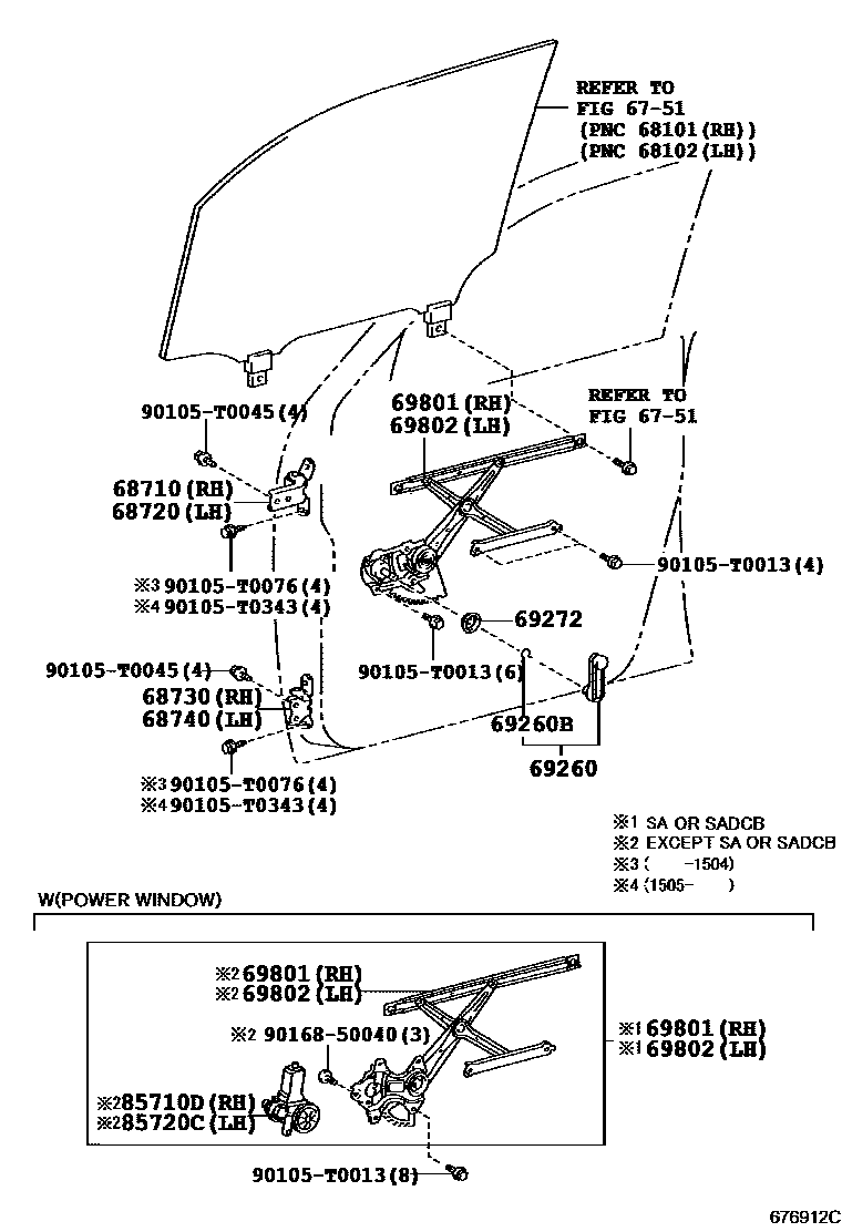 Toyota HILUX 前门车窗升降器和合页 EPC diagram — 676912C