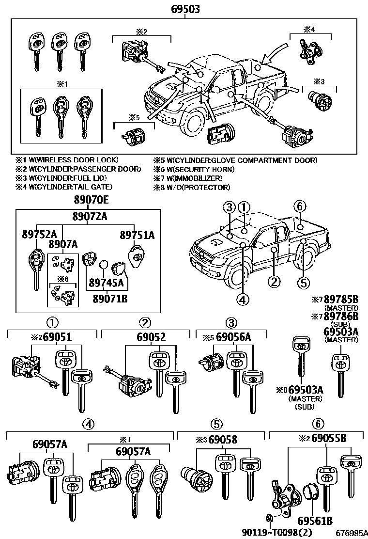 Toyota HILUX 锁芯组件 EPC diagram — 676985A