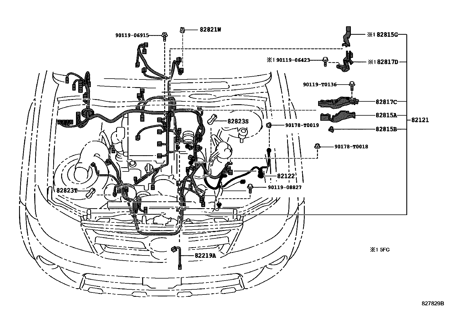 Toyota HILUX 线束和卡夹 EPC diagram — 827829B
