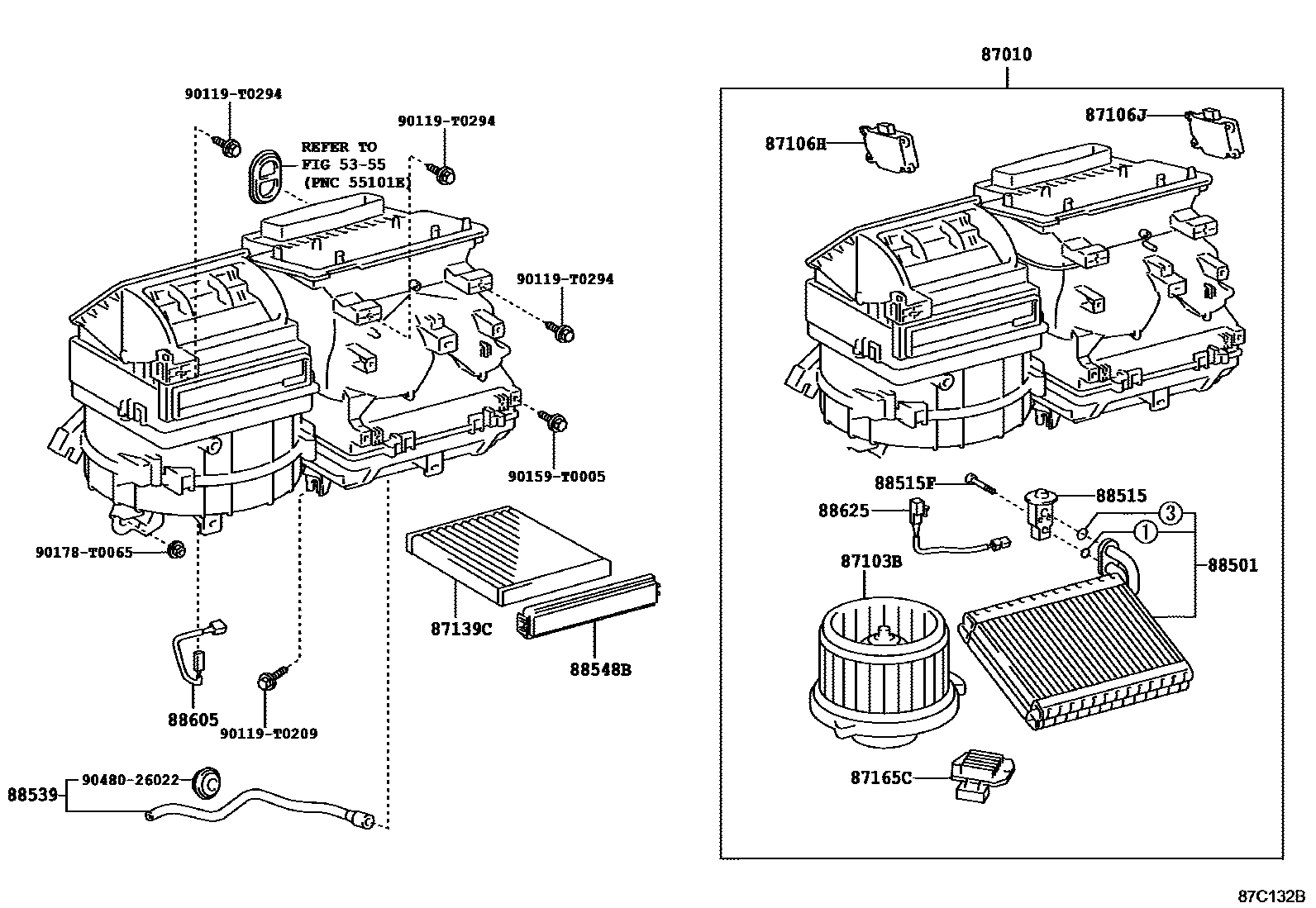 Toyota HILUX 暖风和空调系统 - 冷却器组件 EPC diagram — 87C132B