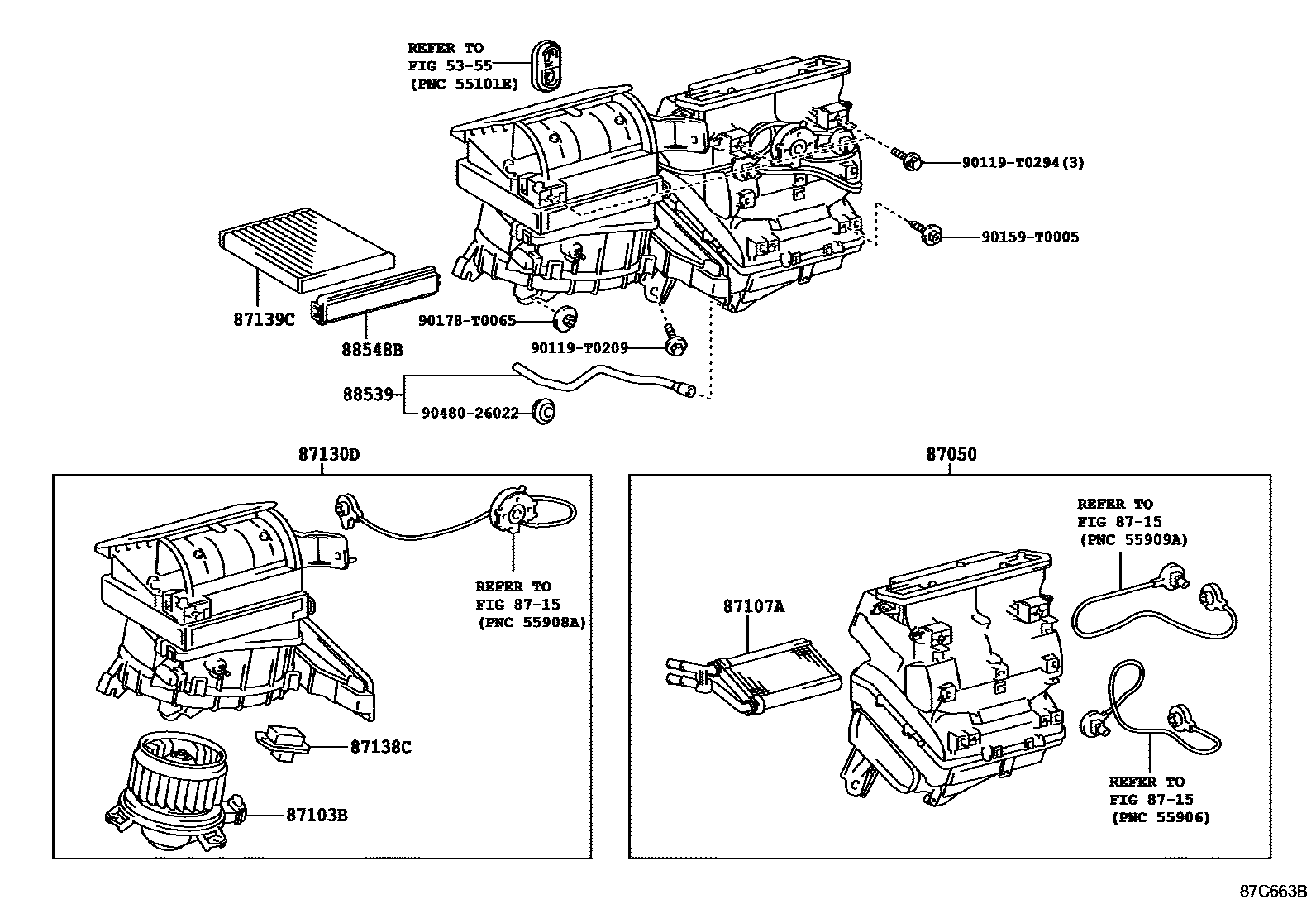 Toyota HILUX 暖风和空调系统 - 冷却器组件 EPC diagram — 87C663B