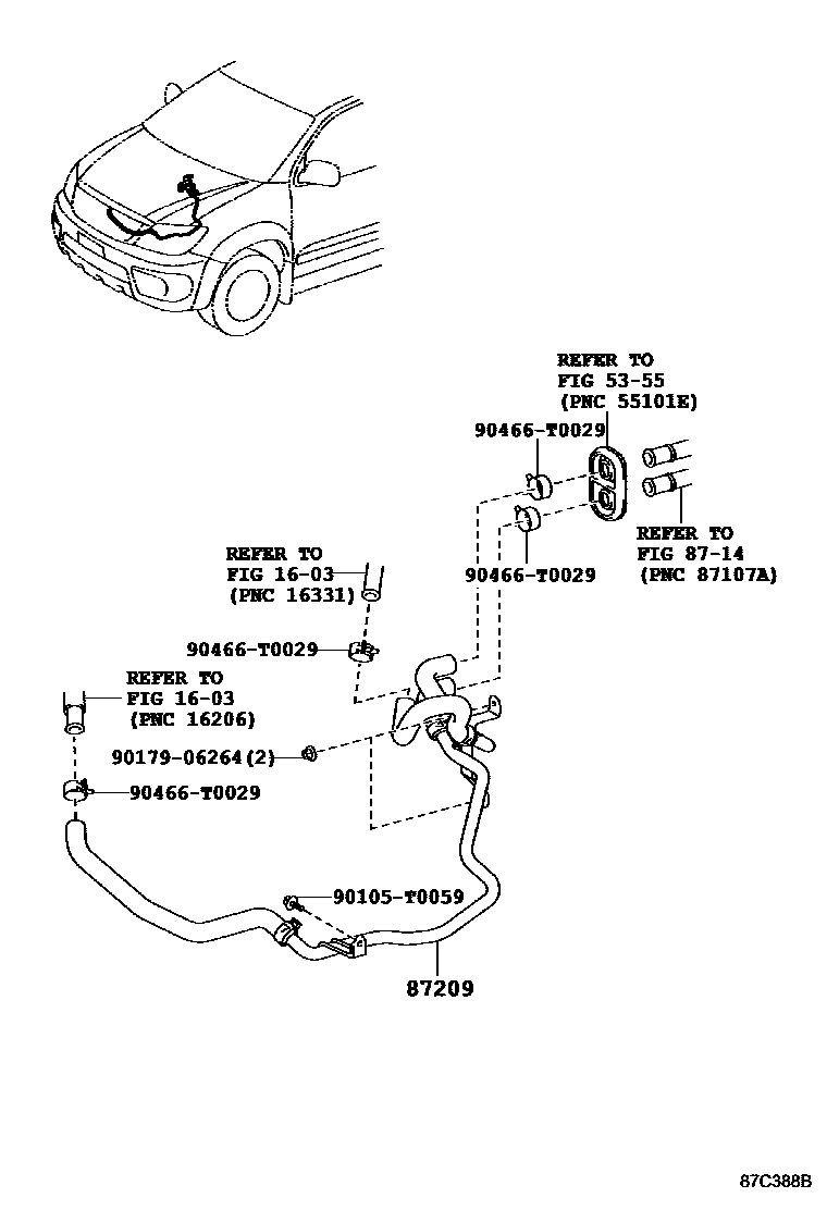 Toyota HILUX 暖风和空调系统 - 水管 EPC diagram — 87C388B