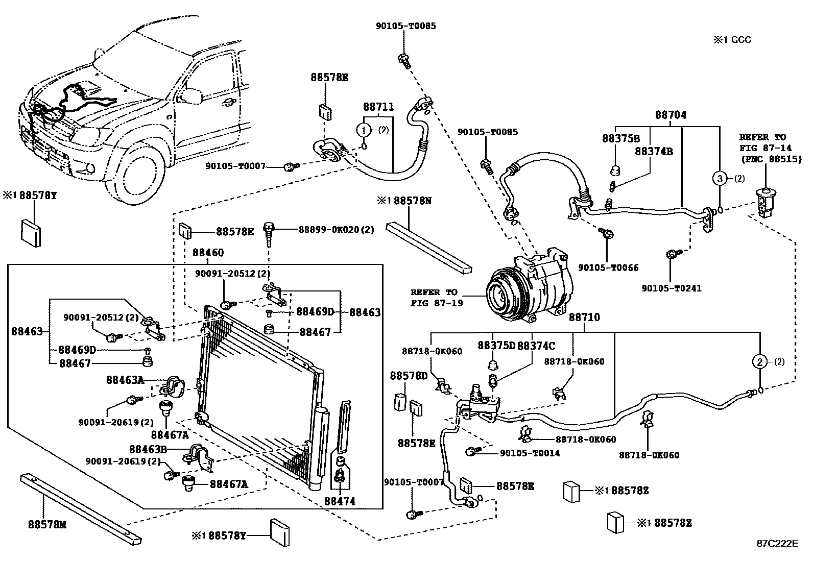 Toyota HILUX Heating & Air Conditioning - Cooler Piping EPC diagram — 87C222E