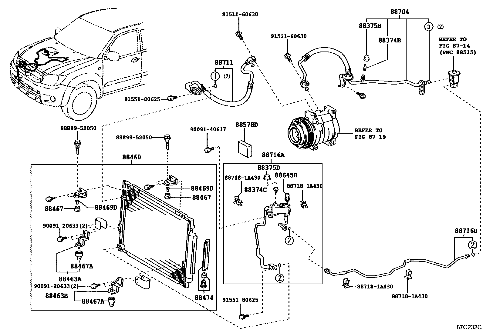 Toyota HILUX Heating & Air Conditioning - Cooler Piping EPC diagram — 87C232C