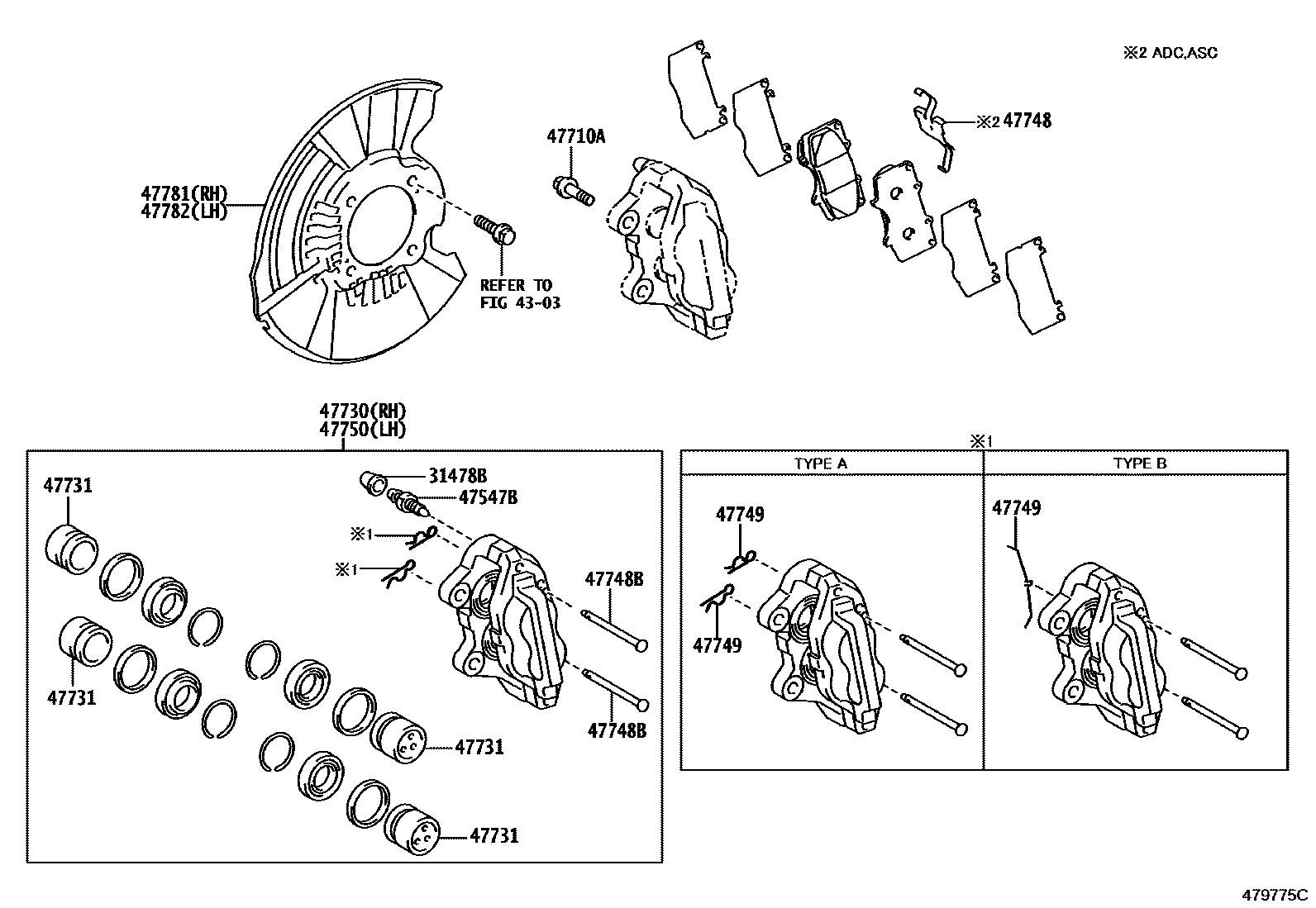 Toyota HILUX 前盘式制动器卡钳和防尘罩 EPC diagram — 479775C