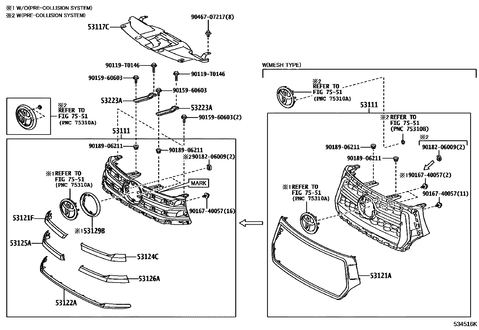 Toyota HILUX radiator grille EPC diagram — 534516K