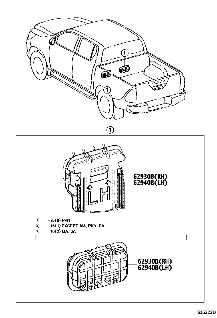 Toyota HILUX 后通风装置和车顶通风装置 EPC diagram — 615223D