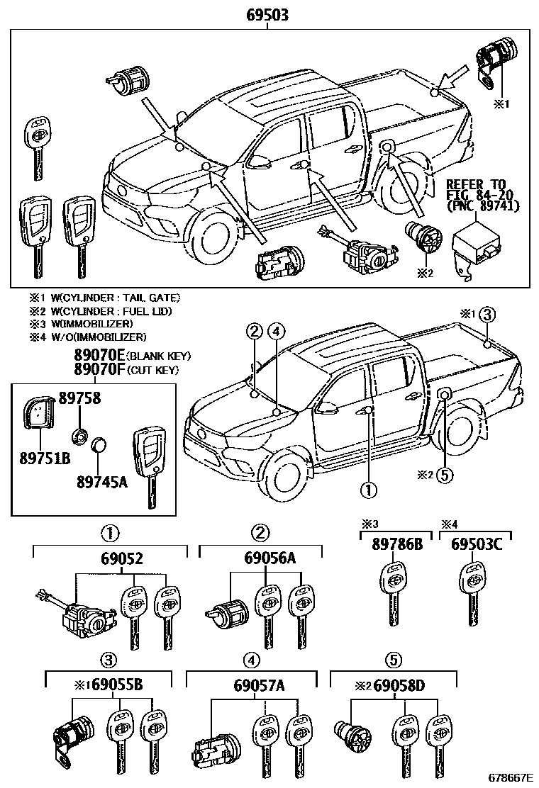 Toyota HILUX 锁芯组件 EPC diagram — 678667E