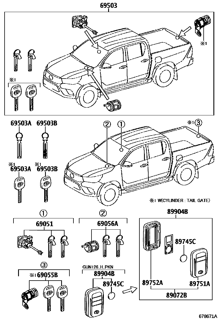Toyota HILUX 锁芯组件 EPC diagram — 678671A