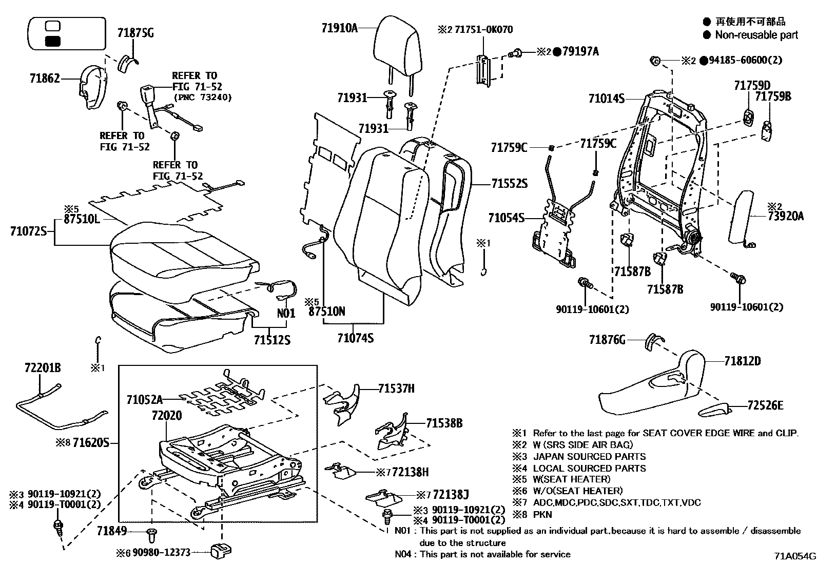 Toyota HILUX 座椅和座椅滑轨 EPC diagram — 71A054G
