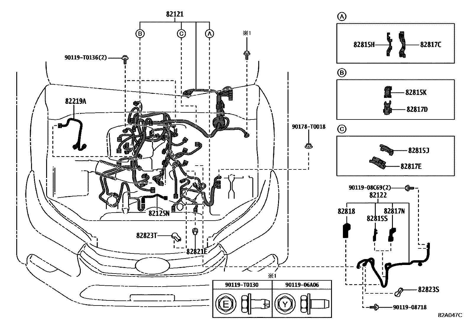 Toyota HILUX 线束和卡夹 EPC diagram — 82A047C