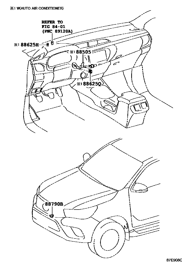 Toyota HILUX 暖风和空调系统 - 控制器和风管 EPC diagram — 87E908C