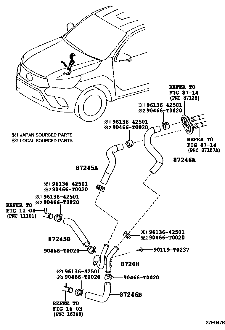 Toyota HILUX 暖风和空调系统 - 水管 EPC diagram — 87E947B
