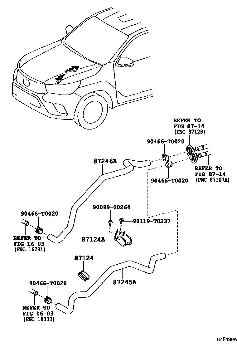 Toyota HILUX 暖风和空调系统 - 水管 EPC diagram — 87F499A