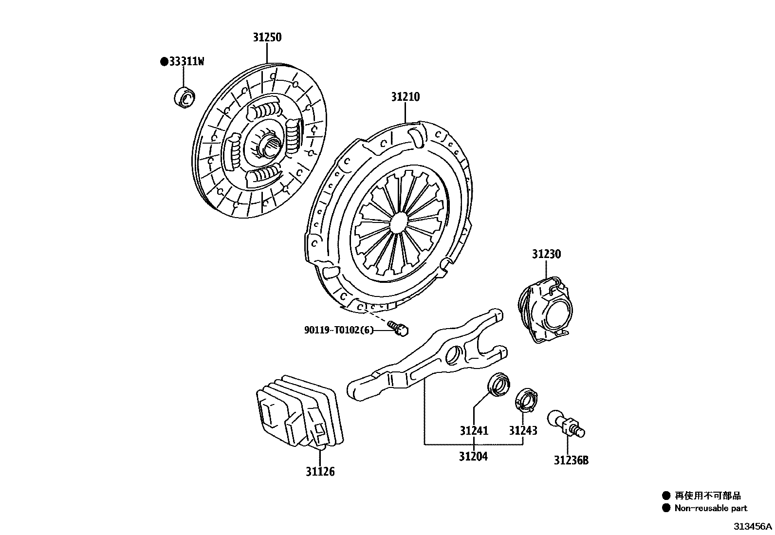 Toyota HILUX 离合器和分离叉 EPC diagram — 313456A