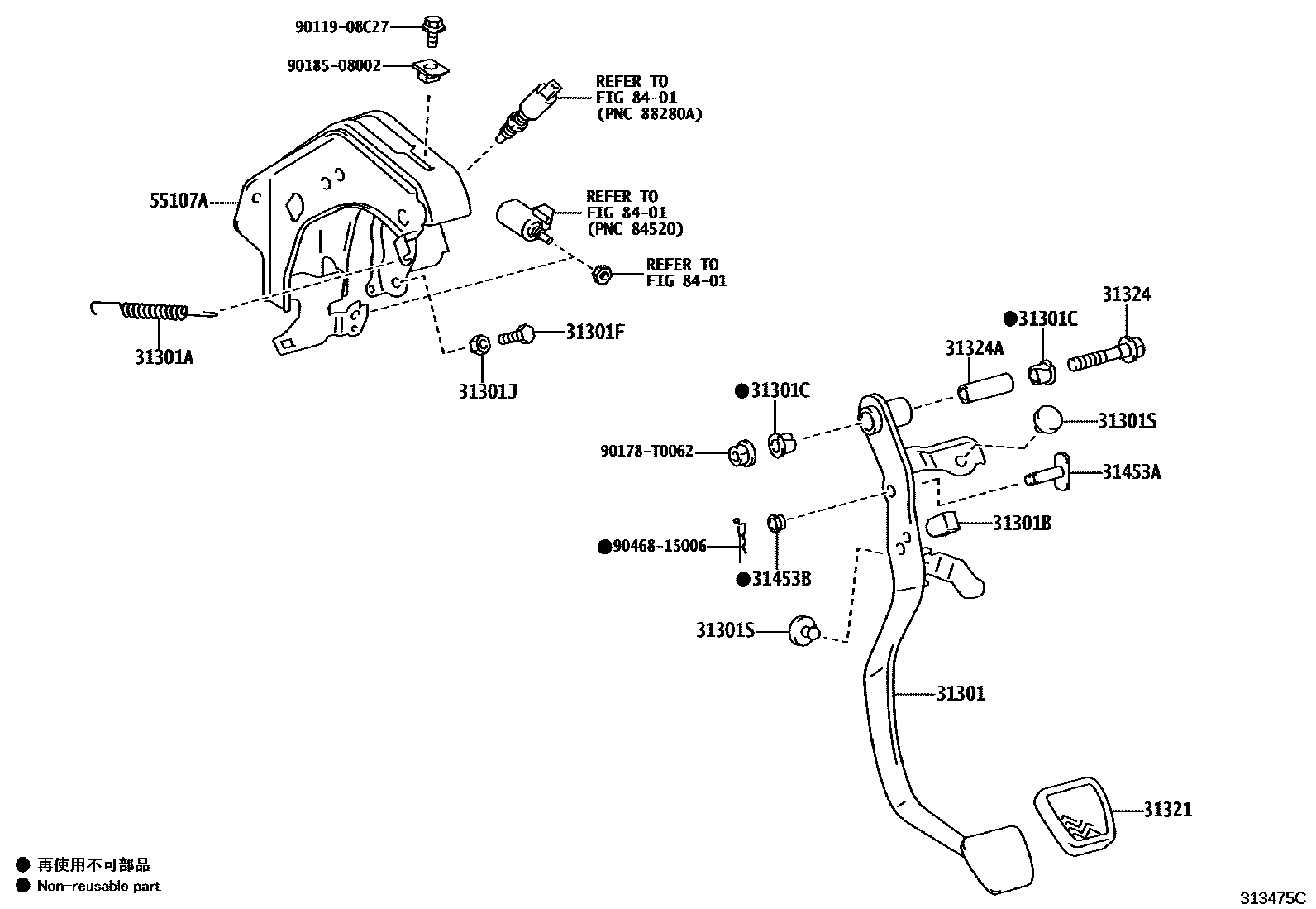 Toyota HILUX 离合器踏板和挠性软管 EPC diagram — 313475C