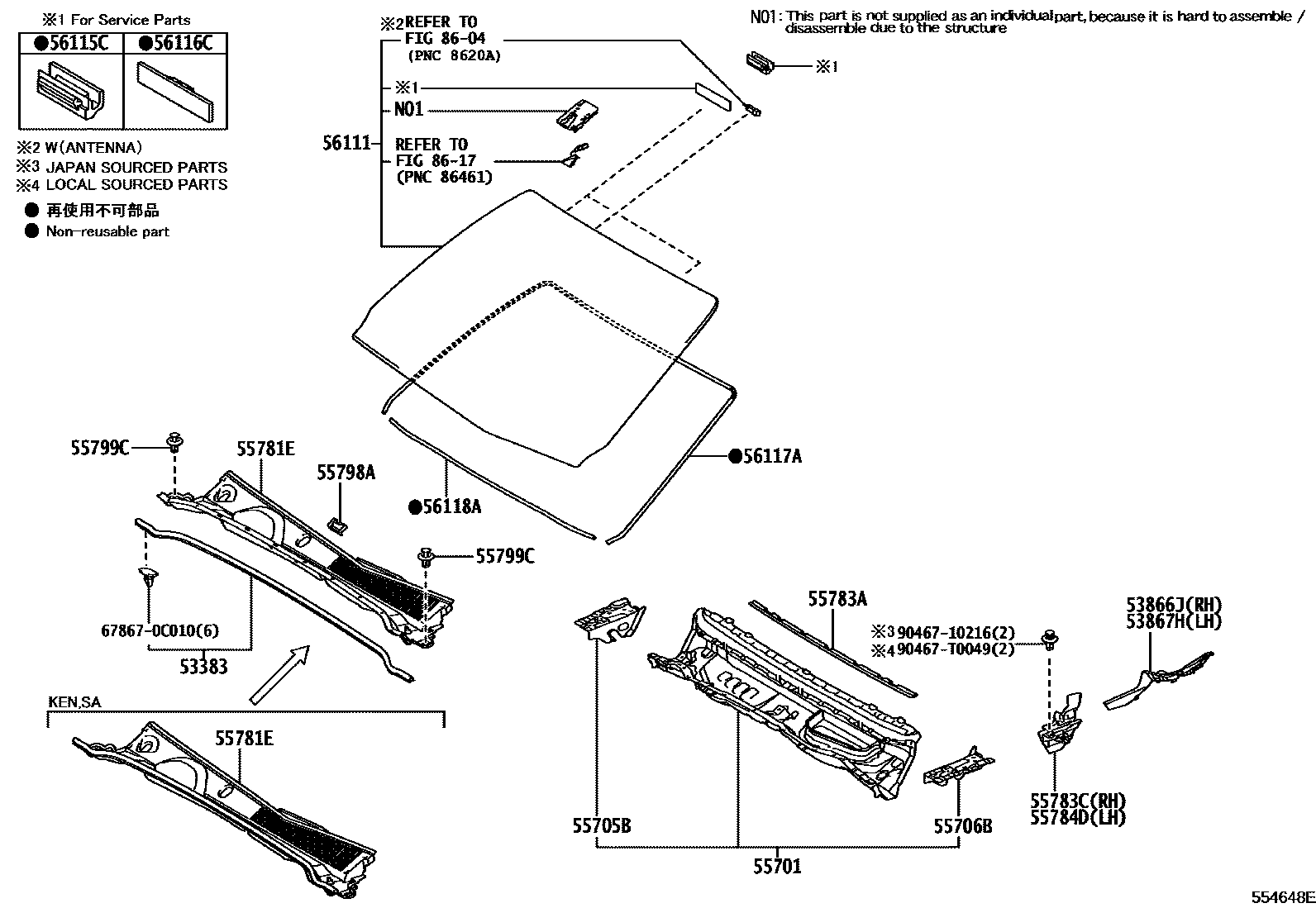 Toyota HILUX 前围板和挡风玻璃 EPC diagram — 554648E