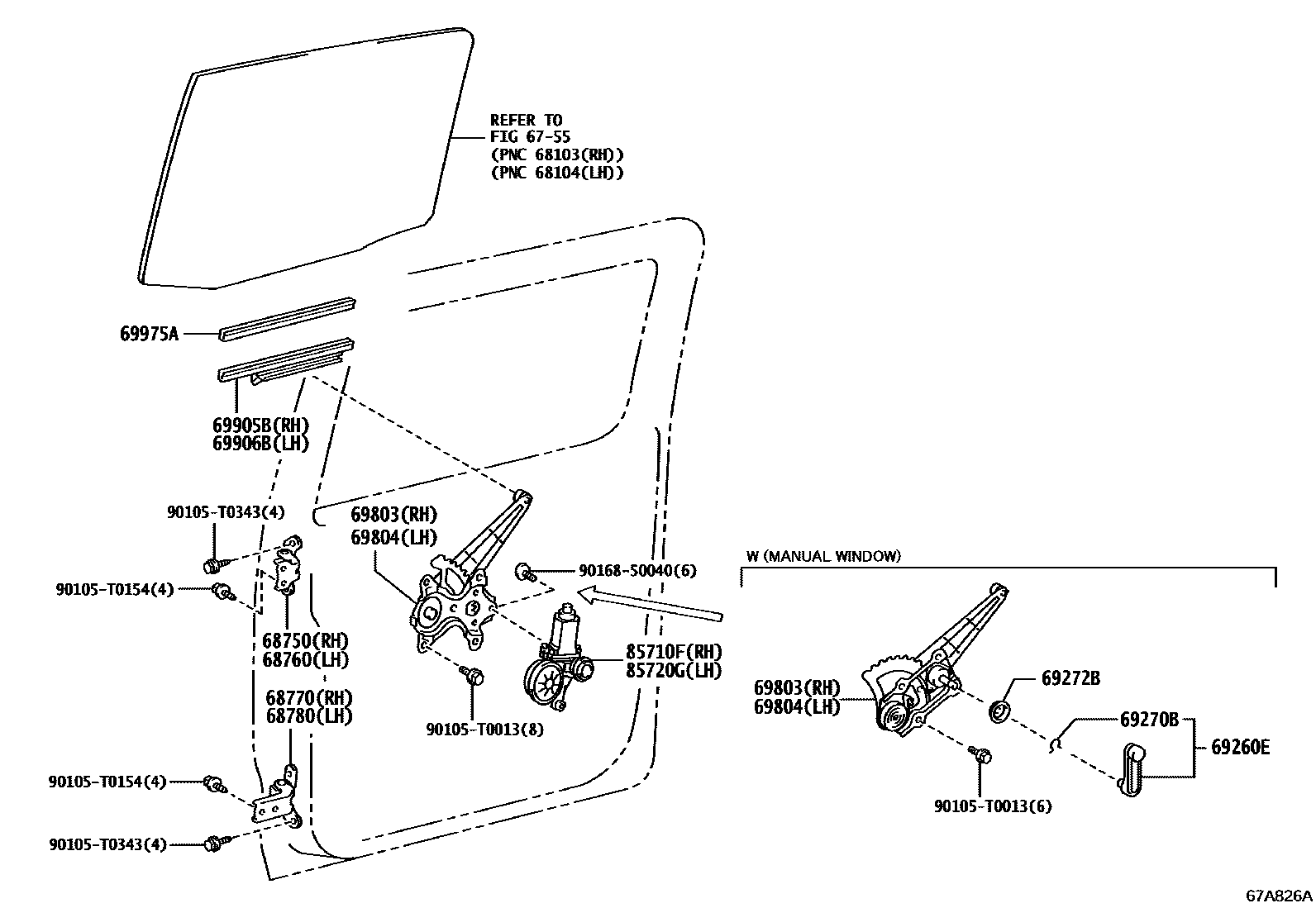Toyota HILUX 后门车窗升降器和合页 EPC diagram — 67A826A