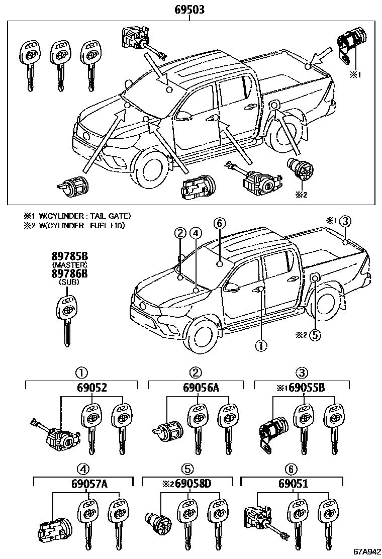Toyota HILUX 锁芯组件 EPC diagram — 67A942