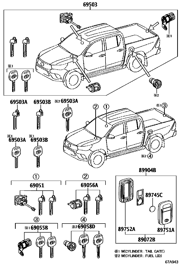 Toyota HILUX 锁芯组件 EPC diagram — 67A943