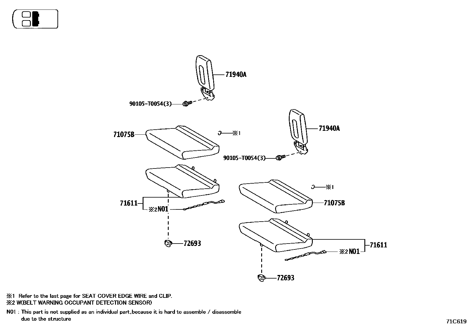 Toyota HILUX 座椅和座椅滑轨 EPC diagram — 71C619