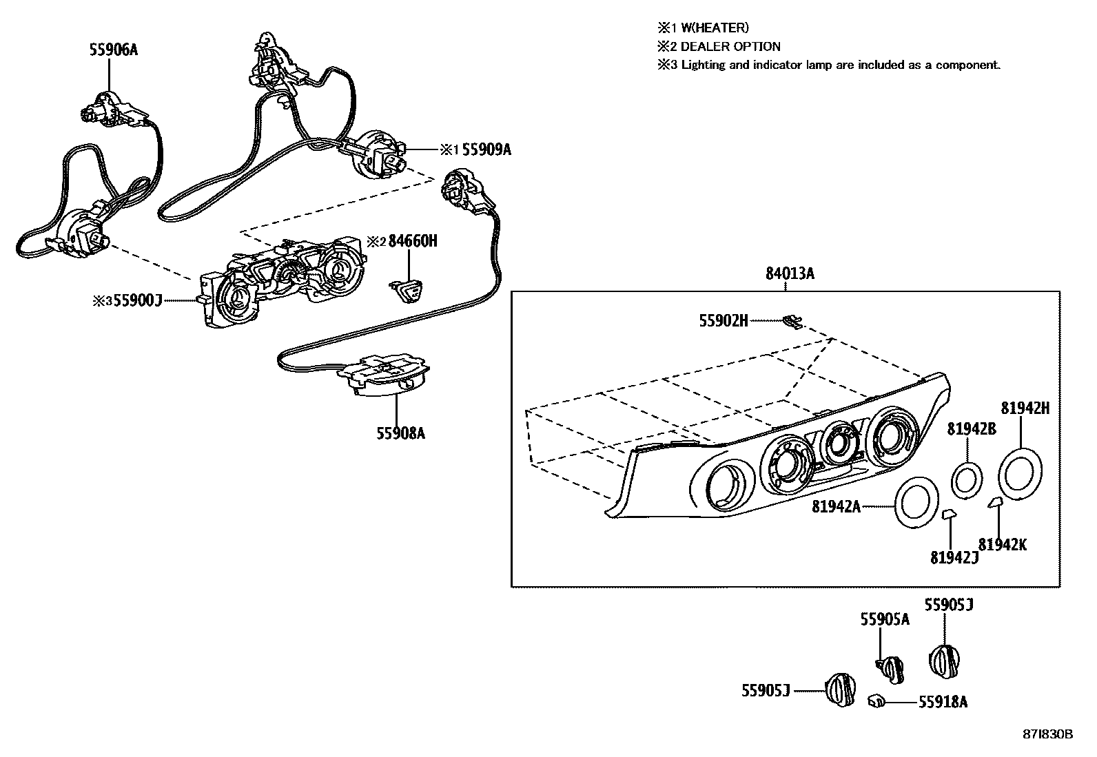 Toyota HILUX 暖风和空调系统 - 控制器和风管 EPC diagram — 87I830B