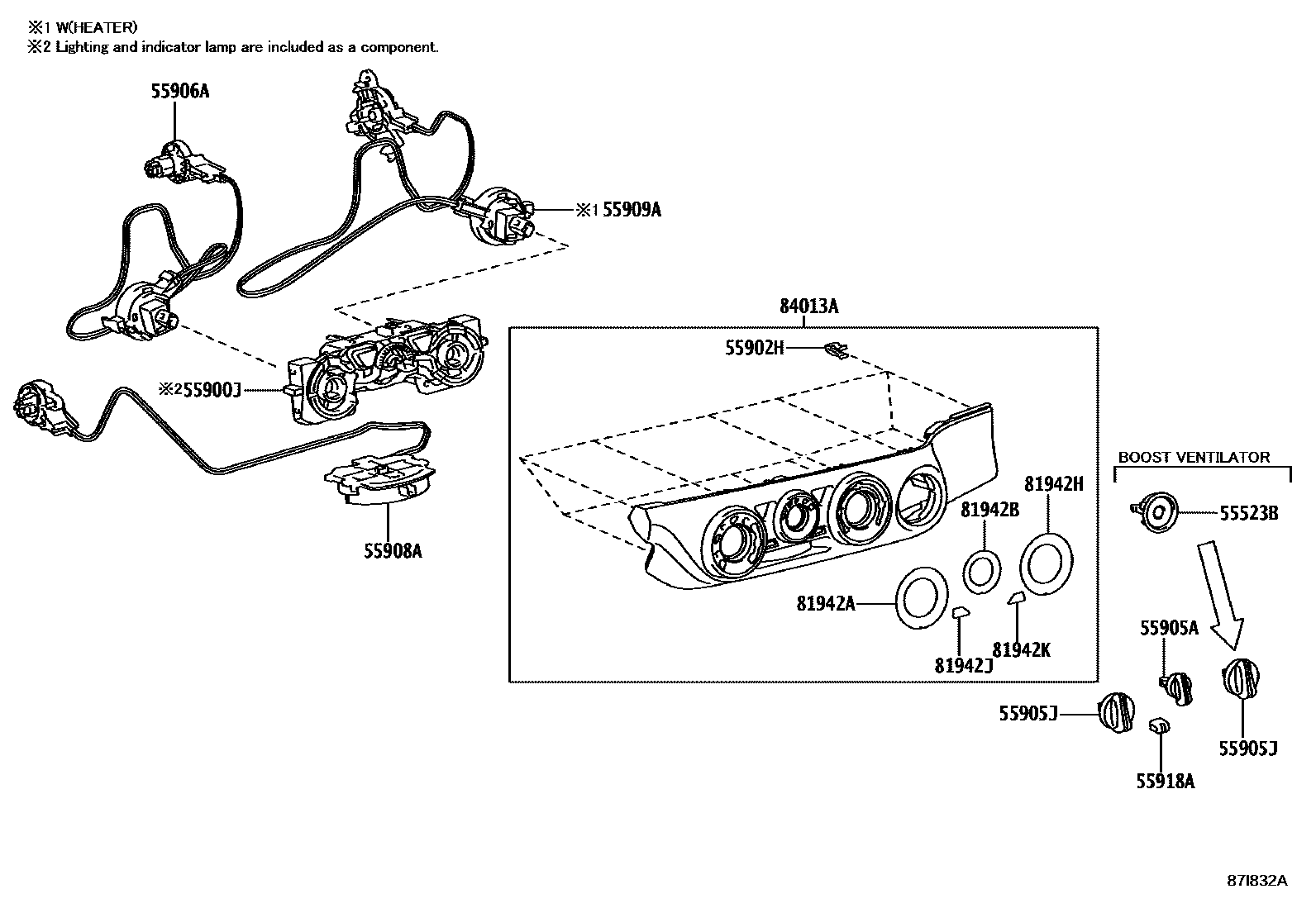 Toyota HILUX 暖风和空调系统 - 控制器和风管 EPC diagram — 87I832A
