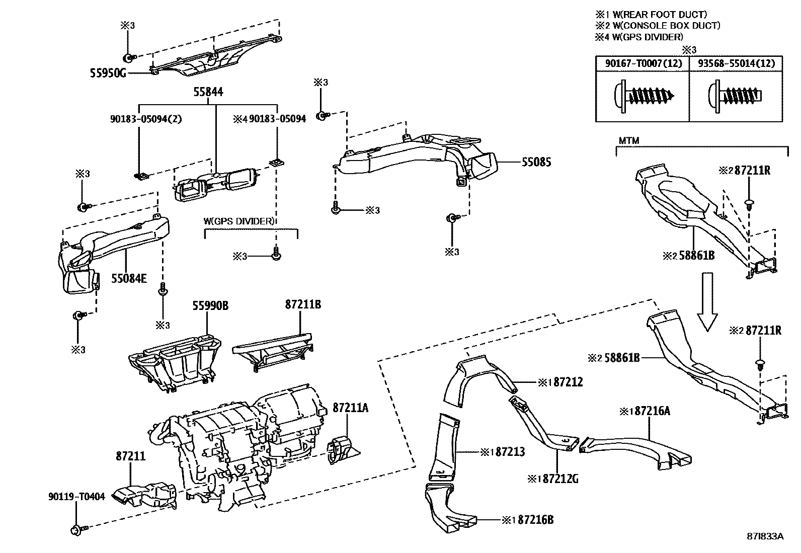Toyota HILUX 暖风和空调系统 - 控制器和风管 EPC diagram — 87I833A