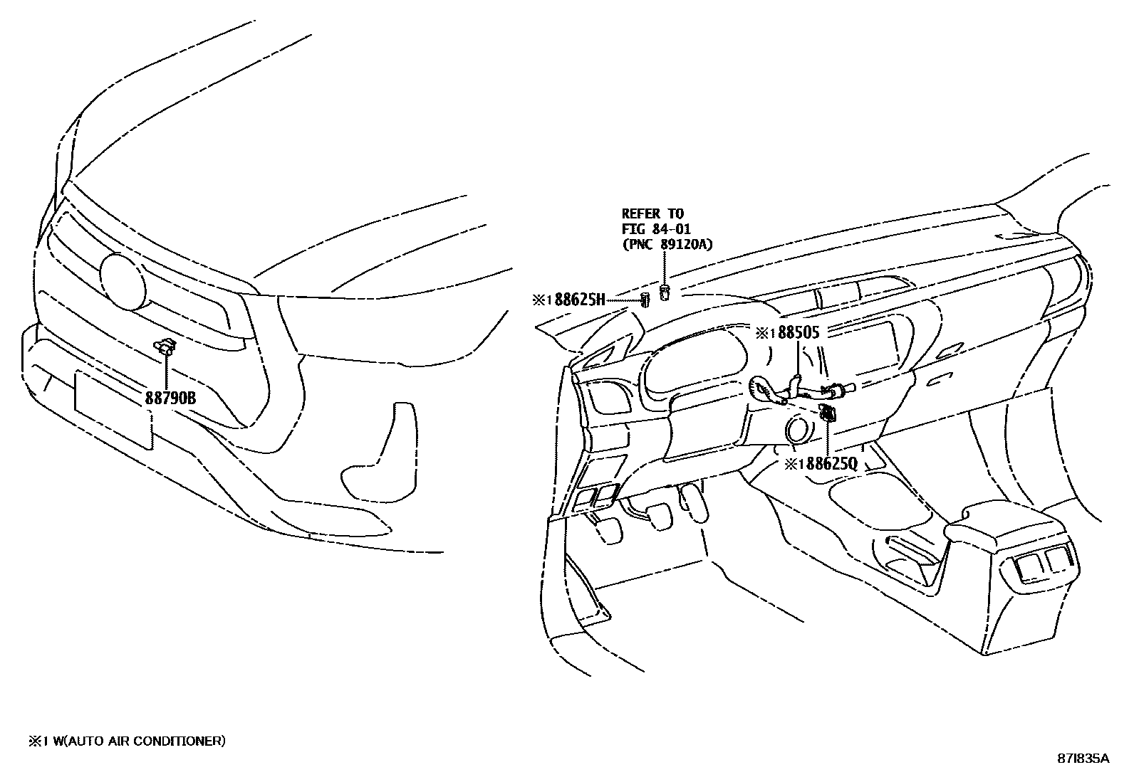 Toyota HILUX 暖风和空调系统 - 控制器和风管 EPC diagram — 87I835A