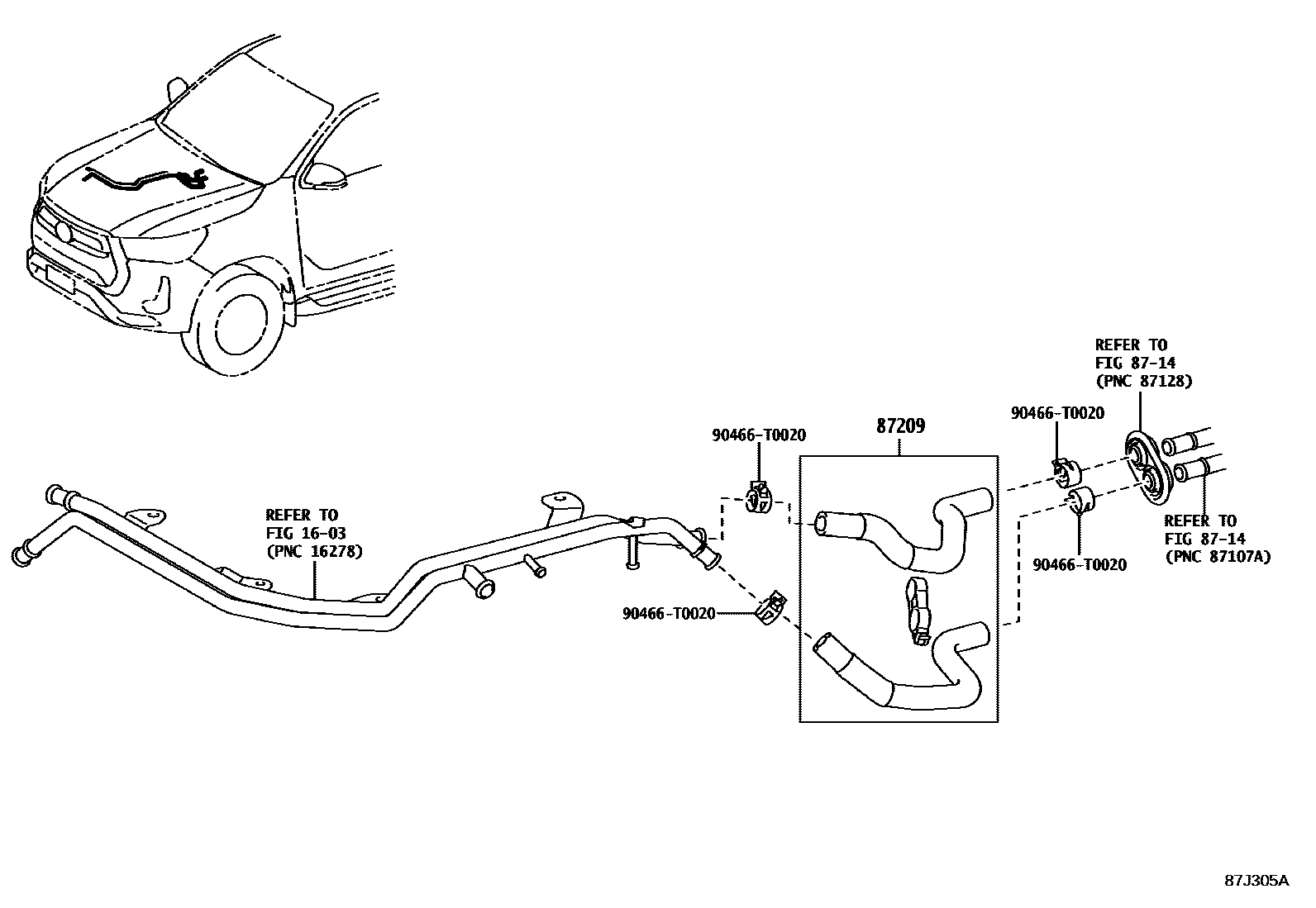 Toyota HILUX 暖风和空调系统 - 水管 EPC diagram — 87J305A