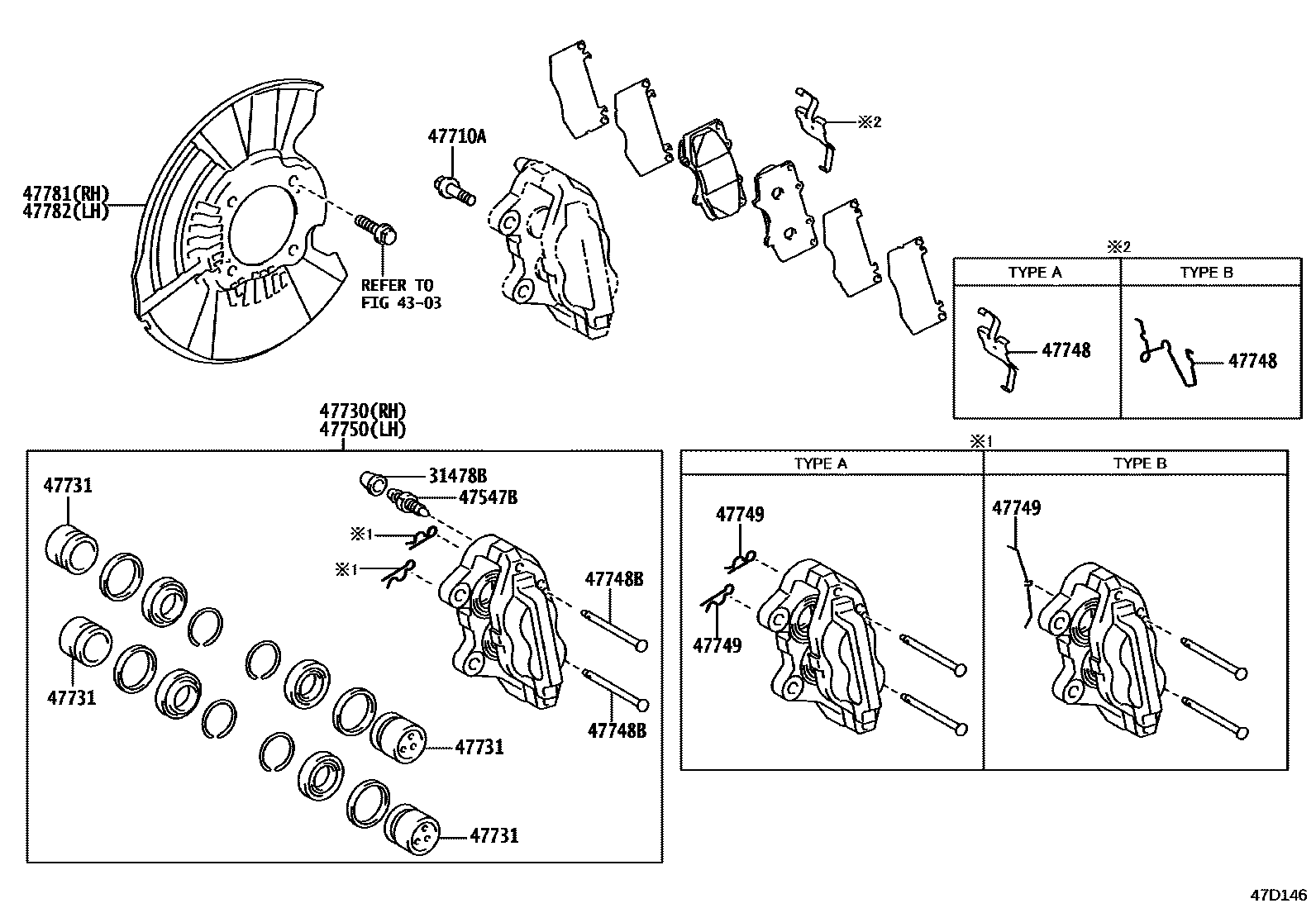 Toyota HILUX 前盘式制动器卡钳和防尘罩 EPC diagram — 47D146