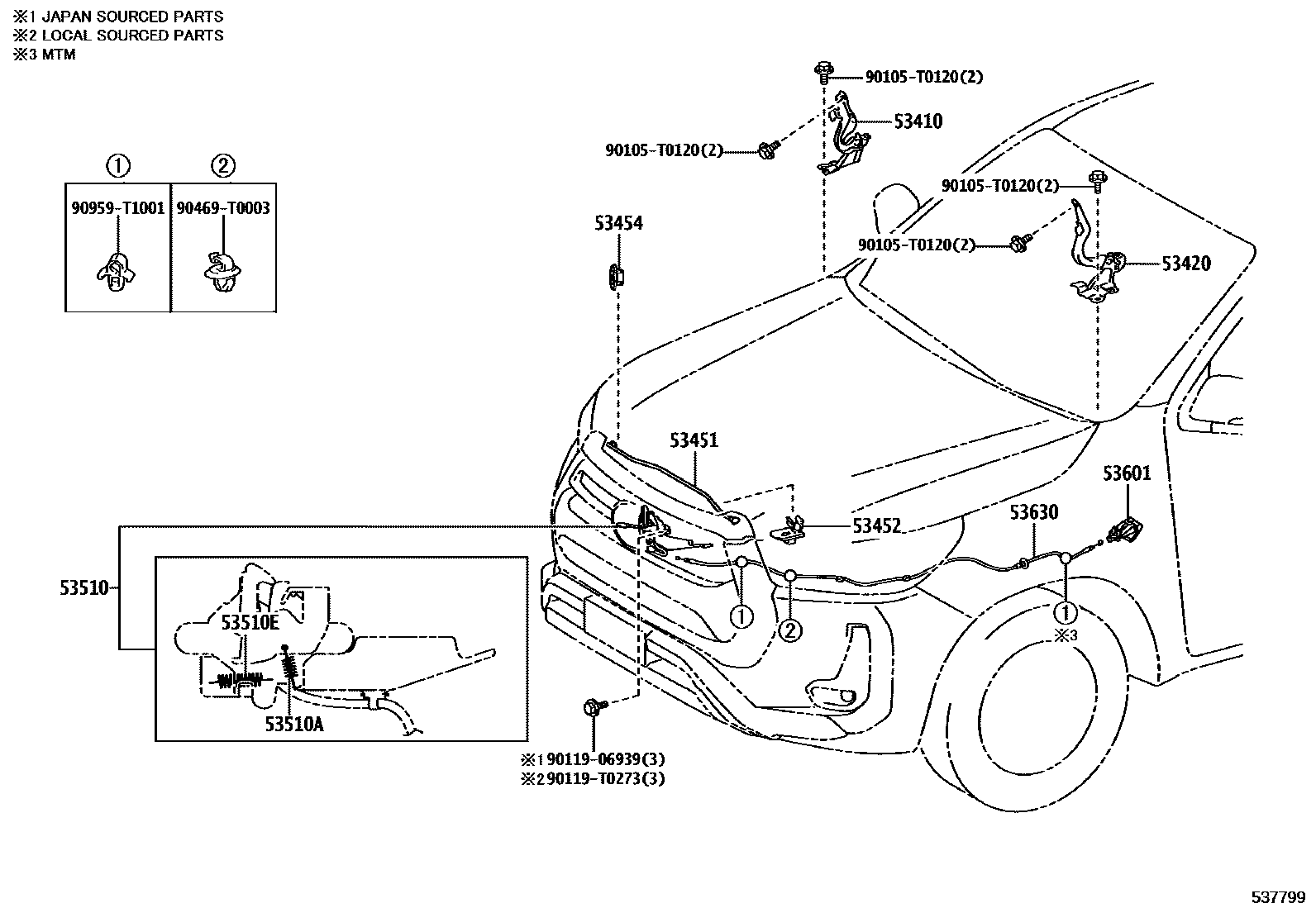 Toyota HILUX 发动机盖锁和铰链 EPC diagram — 537799