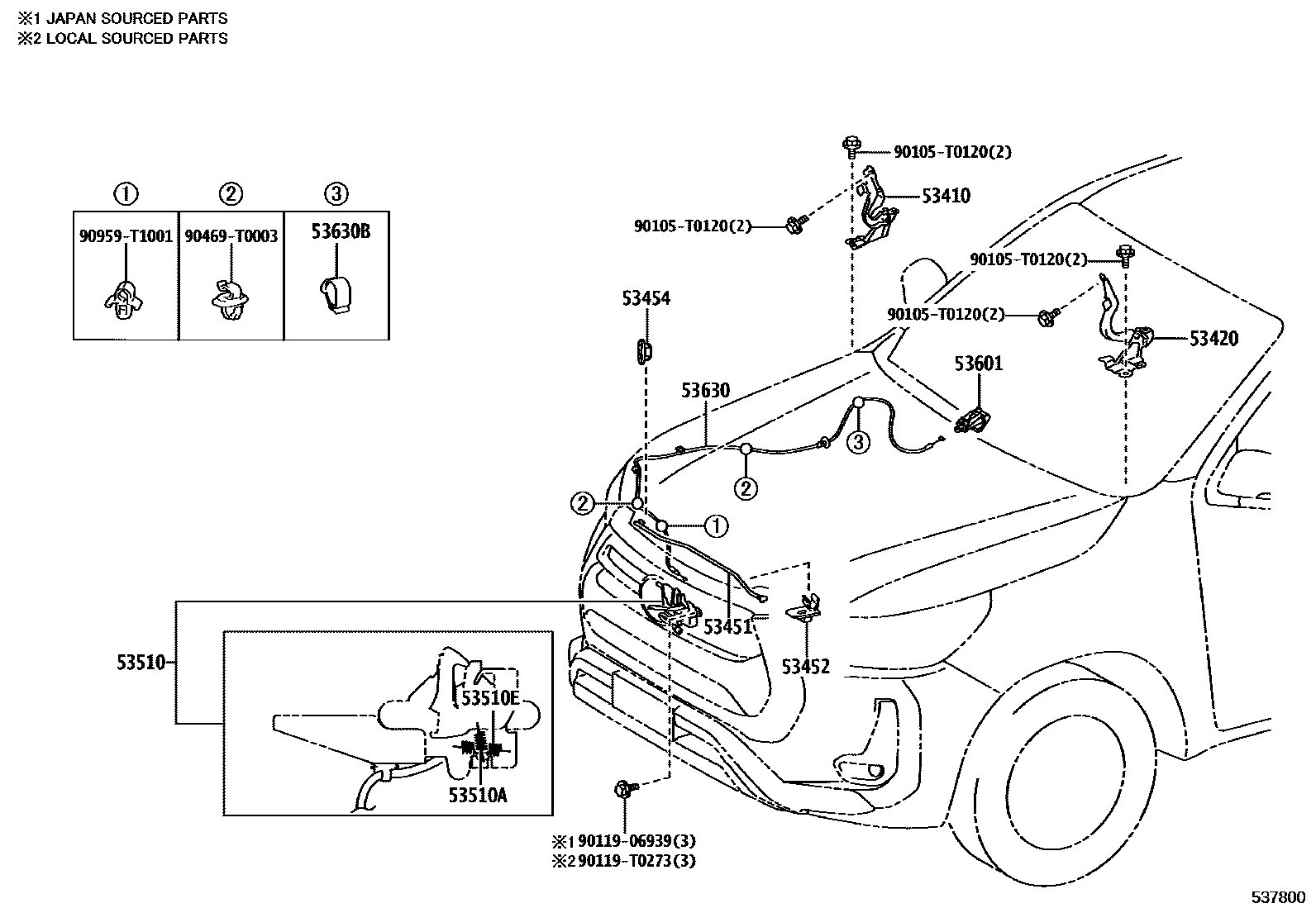 Toyota HILUX 发动机盖锁和铰链 EPC diagram — 537800